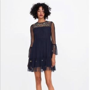 Zara Navy Embroidered Tulle Dress